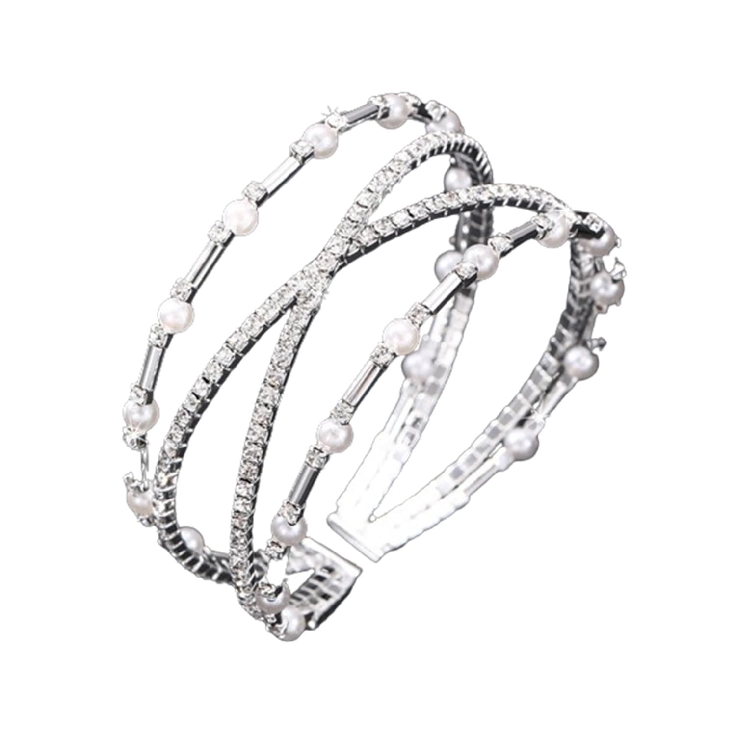 Yecomsy Open Layered Crystal Pearl Cuff Bracelet Multilayer Faux Pearl Rhinestone Bridals Cuff Bangle Multi Row Crystal Hand Bangle Jewelry for Women Brides