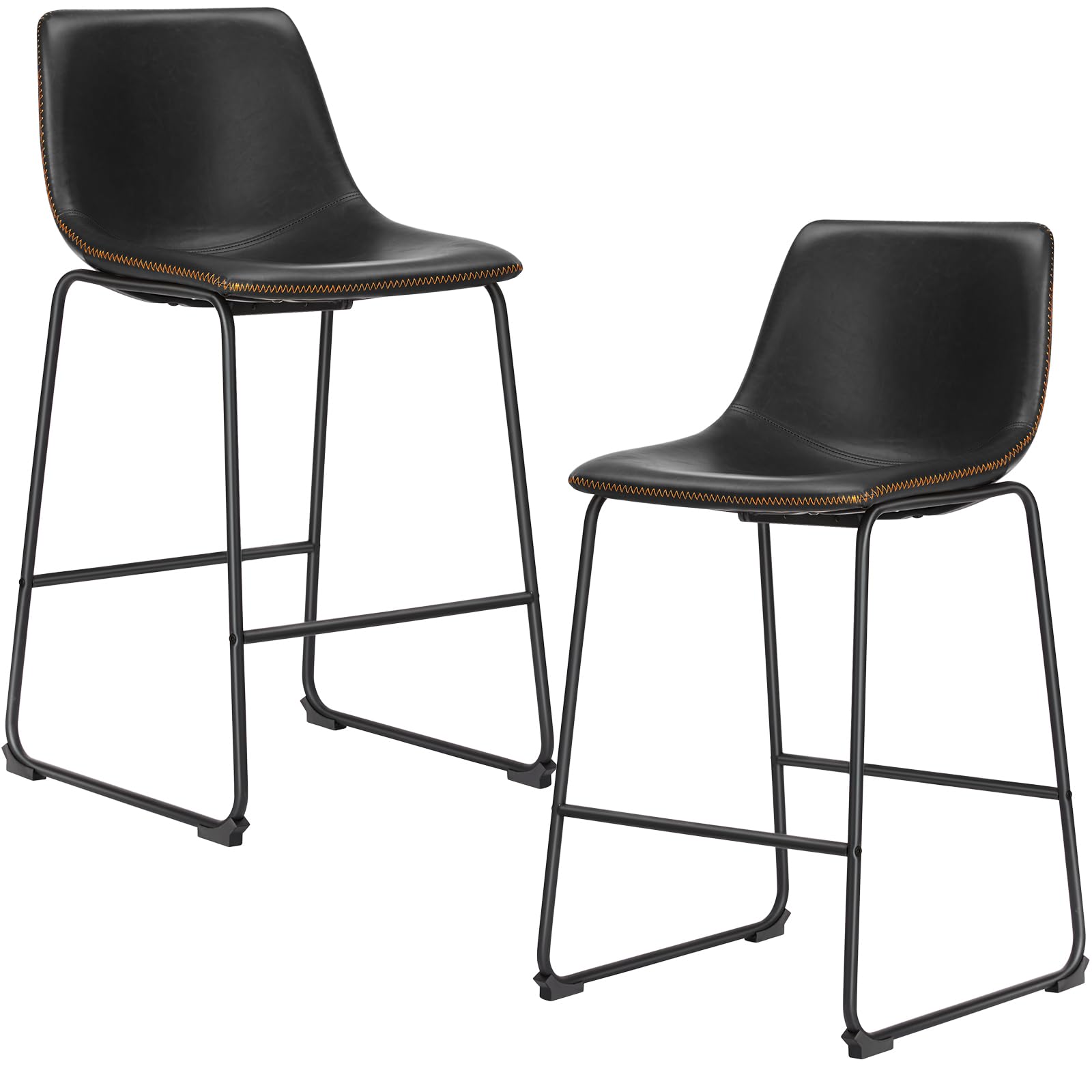 DUMOS Bar Stools Set of 2, Leather Barstools Counter Height Dining Room Chairs, Kitchen Island Modern Bar Stools with Back, 26 inch Counter Stool Armless Bar Chairs with Metal Legs, Footrest, Black