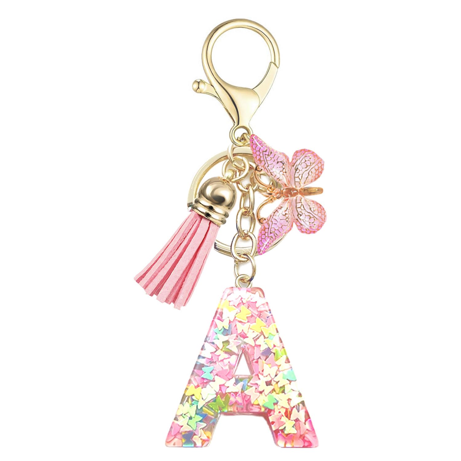 Baofuwan Keychain girl women letter key chain with initial letters butterfly handle pink blue golden for purse handbags school bag