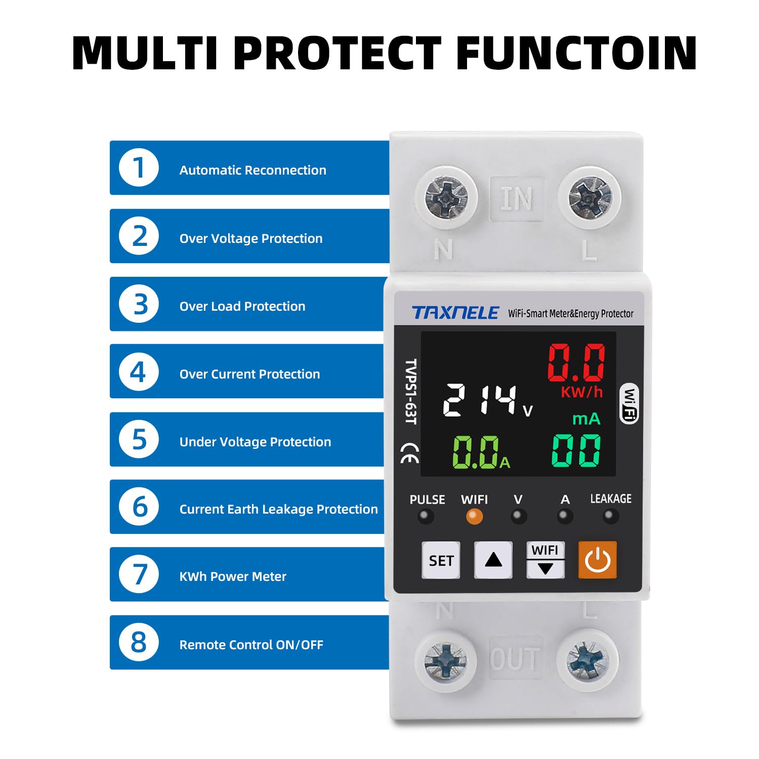 Misuratore di energia intelligente TUYA WiFi AC 63A 85-300V WiFi Smart Earth Leakage sopra sotto il monitor di energia elettrica del protettore di tensione APP Telecomando Smart Life 230V