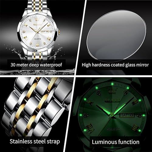 Miniatura 6 de OLEVS Par de relojes de cuarzo para parejas de San Valentín calendario luminoso ventana de fecha 3ATM impermeable casual de acero inoxidable para él