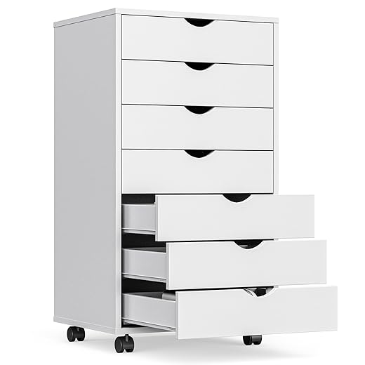 OLIXIS 7 Drawer Mobile File Cabinet Under Desk Storage Organization with Wheels Vertical Filing Chest Rolling Wood Small Desk Printer Stand for Home Office, 15.75"D x 18.74"W x 34.25"H, White