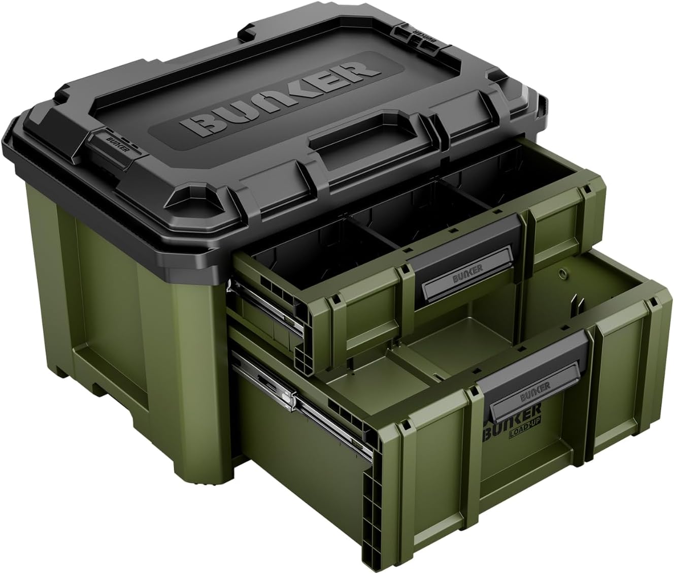 Load-Up Stacking Tool Box - 570mm โ 2 Drawer Organiser - Heavy-Duty Impact-Resistant Tool Chest โ Smooth Auto Lock, Ball Bearing Drawers, Modular Tool System โ Workshop or Van Storage Drawers