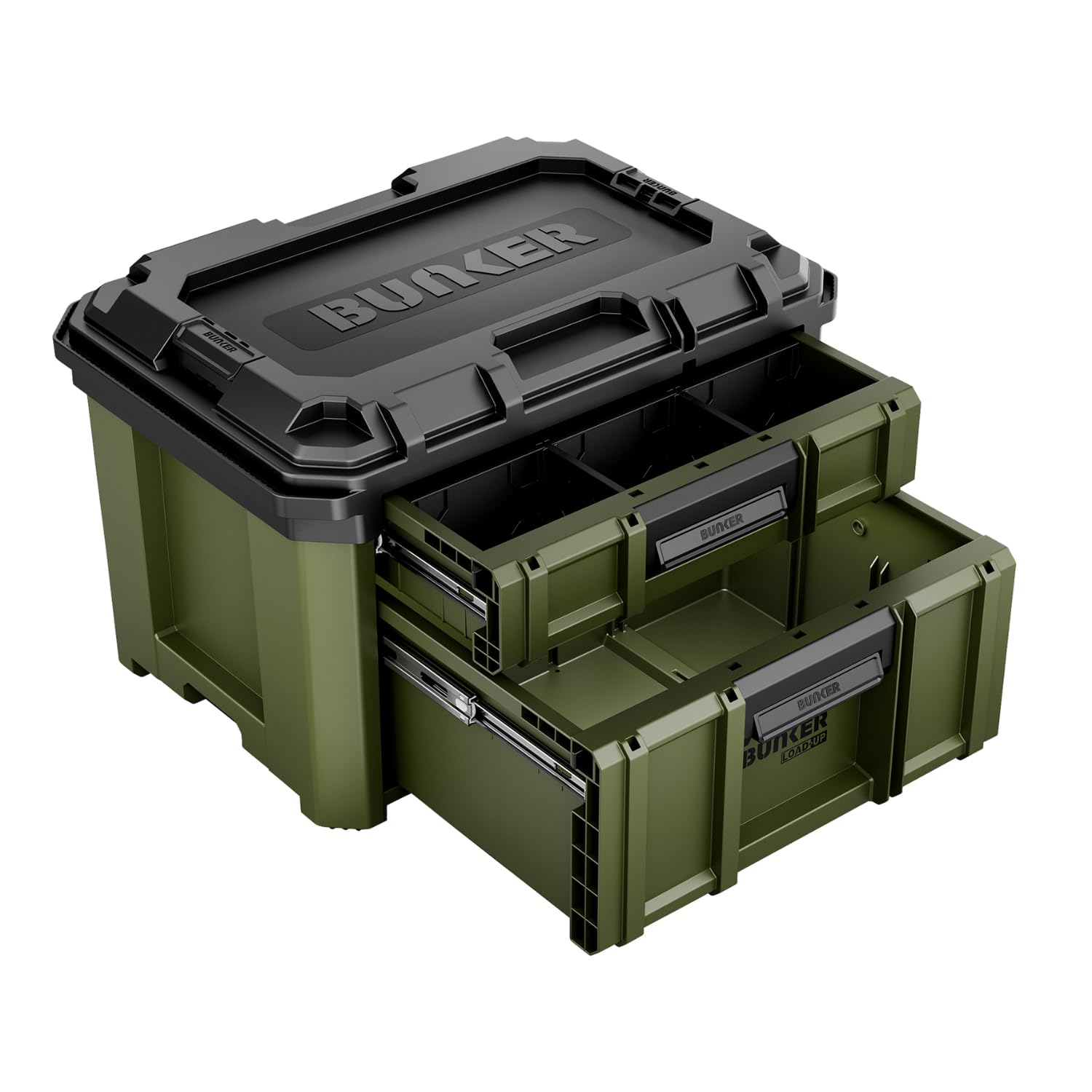 BUNKER Load-Up Stacking Tool Box - 570mm – 2 Drawer Organiser - Heavy-Duty Impact-Resistant Tool Chest – Smooth Auto Lock, Ball Bearing Drawers, Modular Tool System – Workshop or Van Storage Drawers