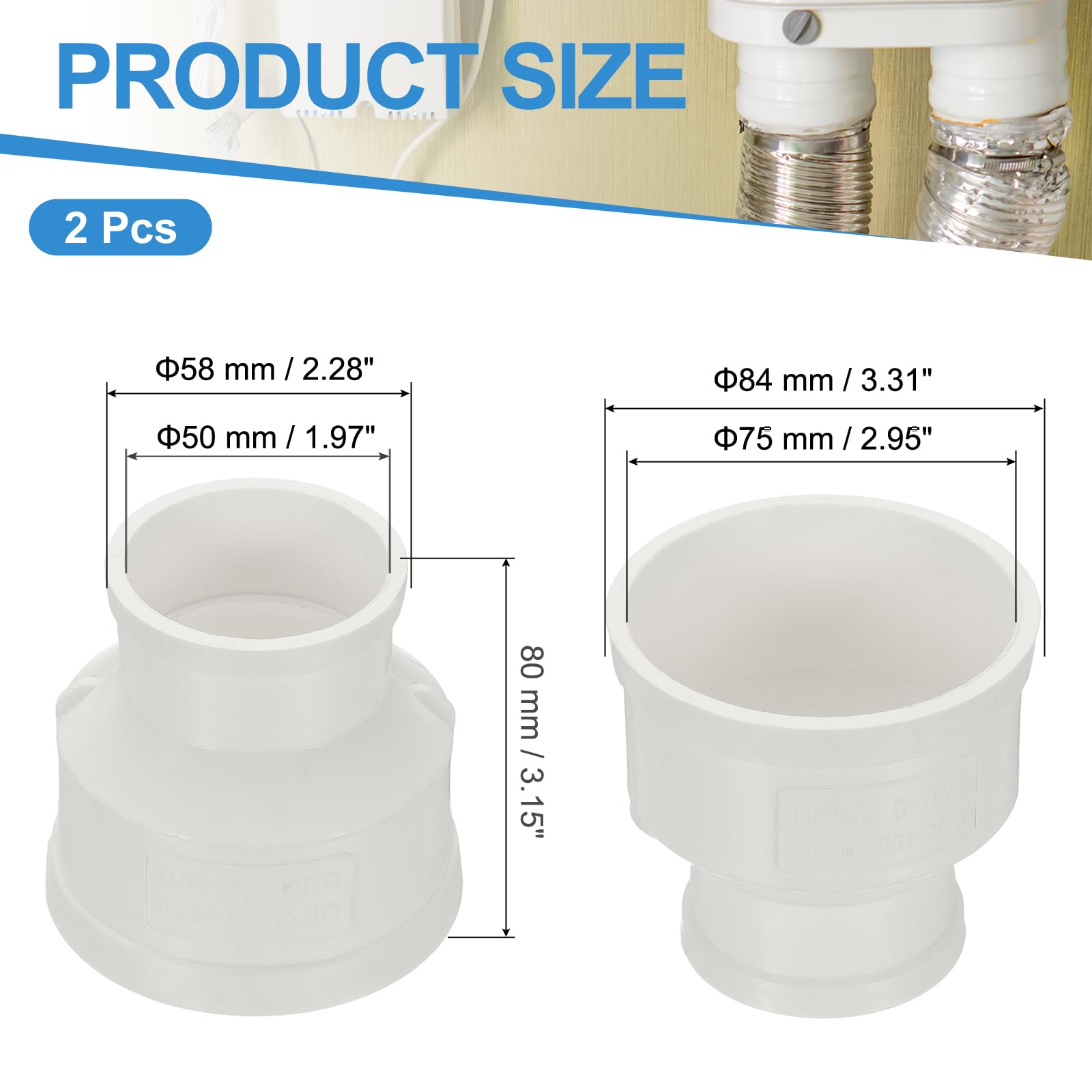 PATIKIL 3" to 2" Duct Reducer, 2 Pcs PVC Pipe Increaser Adapter Ducting Airflow Tube Pipe Fitting for DWV (Drain - Image 2