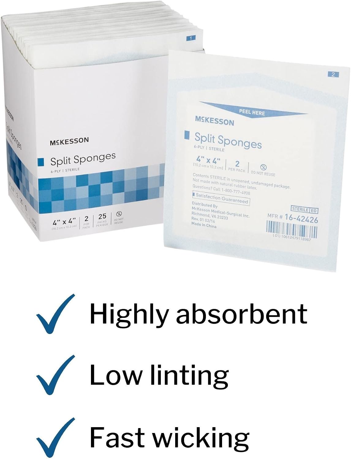 McKesson Split Sponges, 6-Ply Sterile, I.V. and Tracheostomy Dressings, Polyester/Rayon Blend, 4 in x 4 in, 25 Packs of 2 (50 Total)