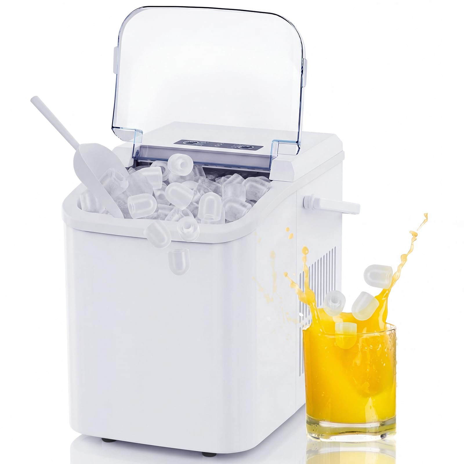 KMFurnila Ice Makers Countertop, Portable Ice Machine with Handle, 6 Mins 9 Bullet Ice Cubes with Basket and Scoop, 26lbs in 24Hrs, Auto-Cleaning, for Home, Kitchen, RV, Camping, White - 1