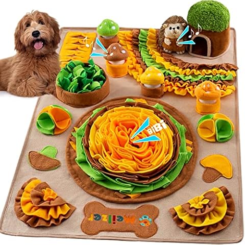 Meilzer Large Snuffle Mat for Dogs 40'' x 27.5'' Sniff Mat with Hedgehog Puzzle Toy Squeaky Mushrooms Interactive Toys Portable Feeding Mat for Foraging Skills Cover