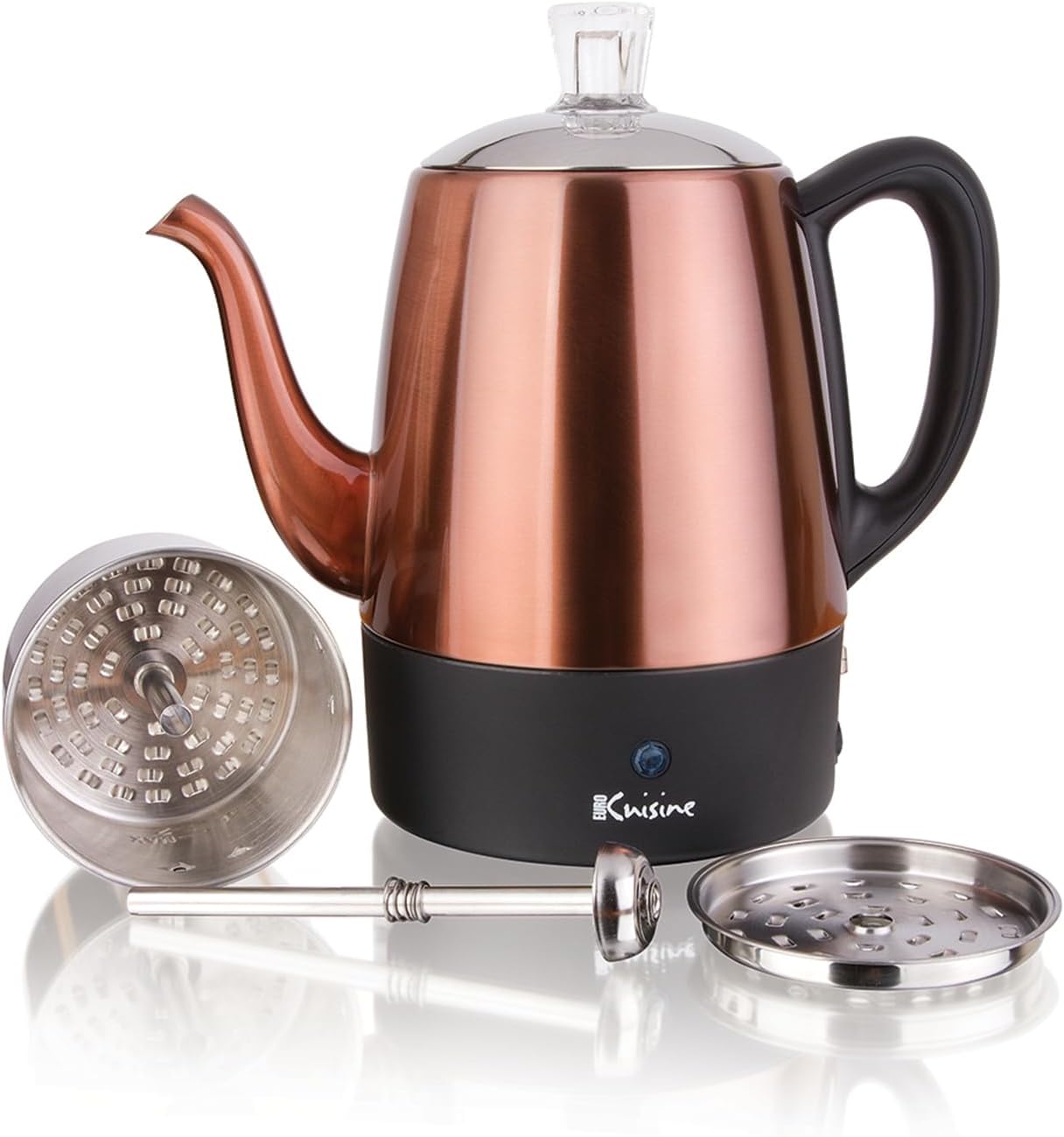 Euro Cuisine PER08 Stainless Steel Electric Coffee Percolator, 8 Cup, Polished Copper Finish, Dripless Gooseneck Spout, Clear Glass Knob, Brewing Indication, Keep-Warm Function, Detachable Cord