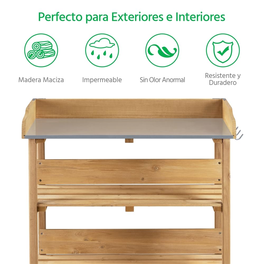 Yaheetech Mesa Jardinería 3 Niveles de Madera para Plantación 90cm de Altura con Superficie de Trabajo de Metal Impermeabilidad y Durabilidad Madera