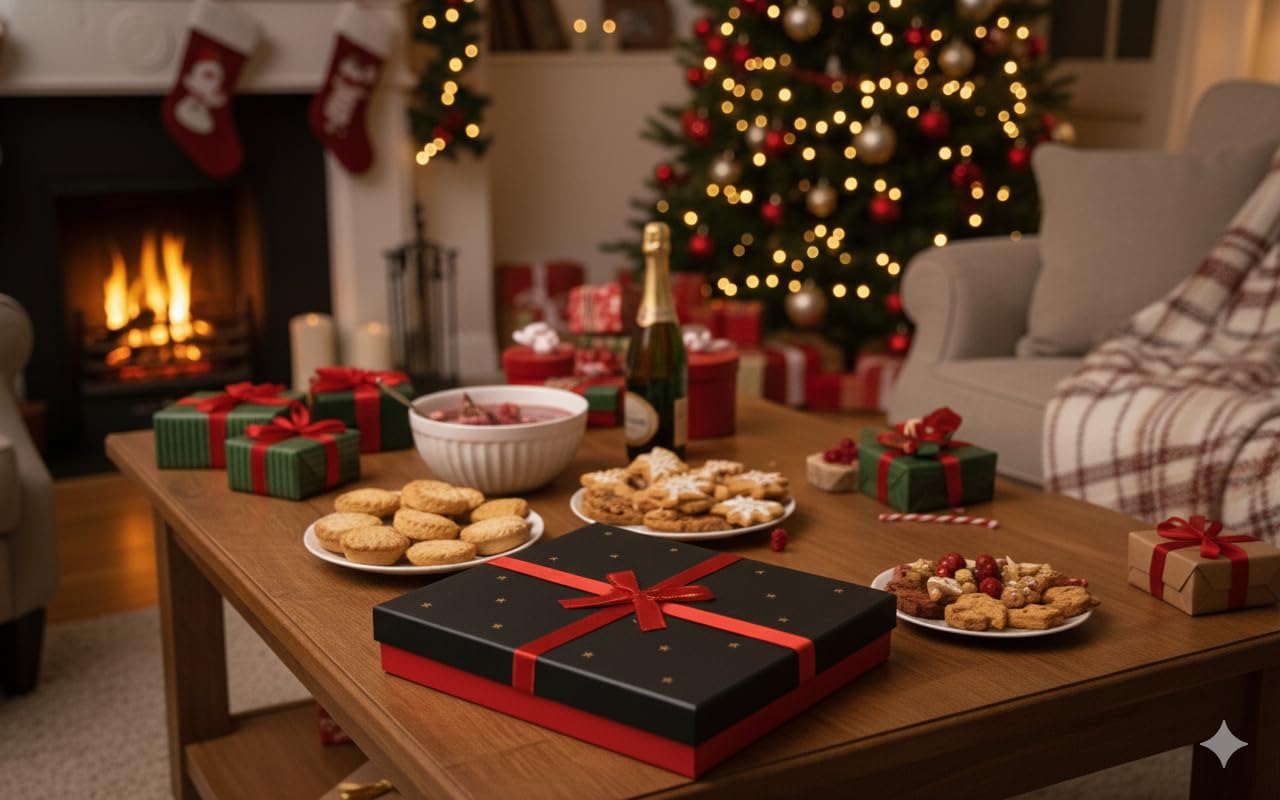 Emartbuy Lot de 3 boîtes cadeaux rigides - Boite rouge avec couvercle noir et étoiles - Intérieur marron et ruban décoratif rouge