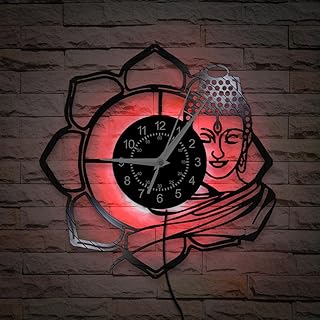 12 Inch Buddha Lotus Wall Clock 7 Kinds of LED Color, Buddhism Mandala Meditation Flower Clock Vintage Silent Non Ticking LED Night Light Vinyl Wall Clock for Yoga Studio Bedroom Zen Decor