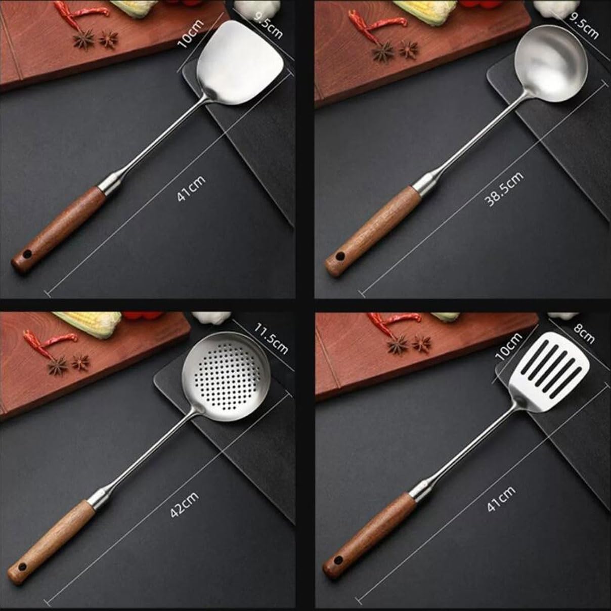Löffel Küchenspatel aus Edelstahl 304 4-teiliges Set Küchenutensilien Drainagelöffel Gadget aus Holz