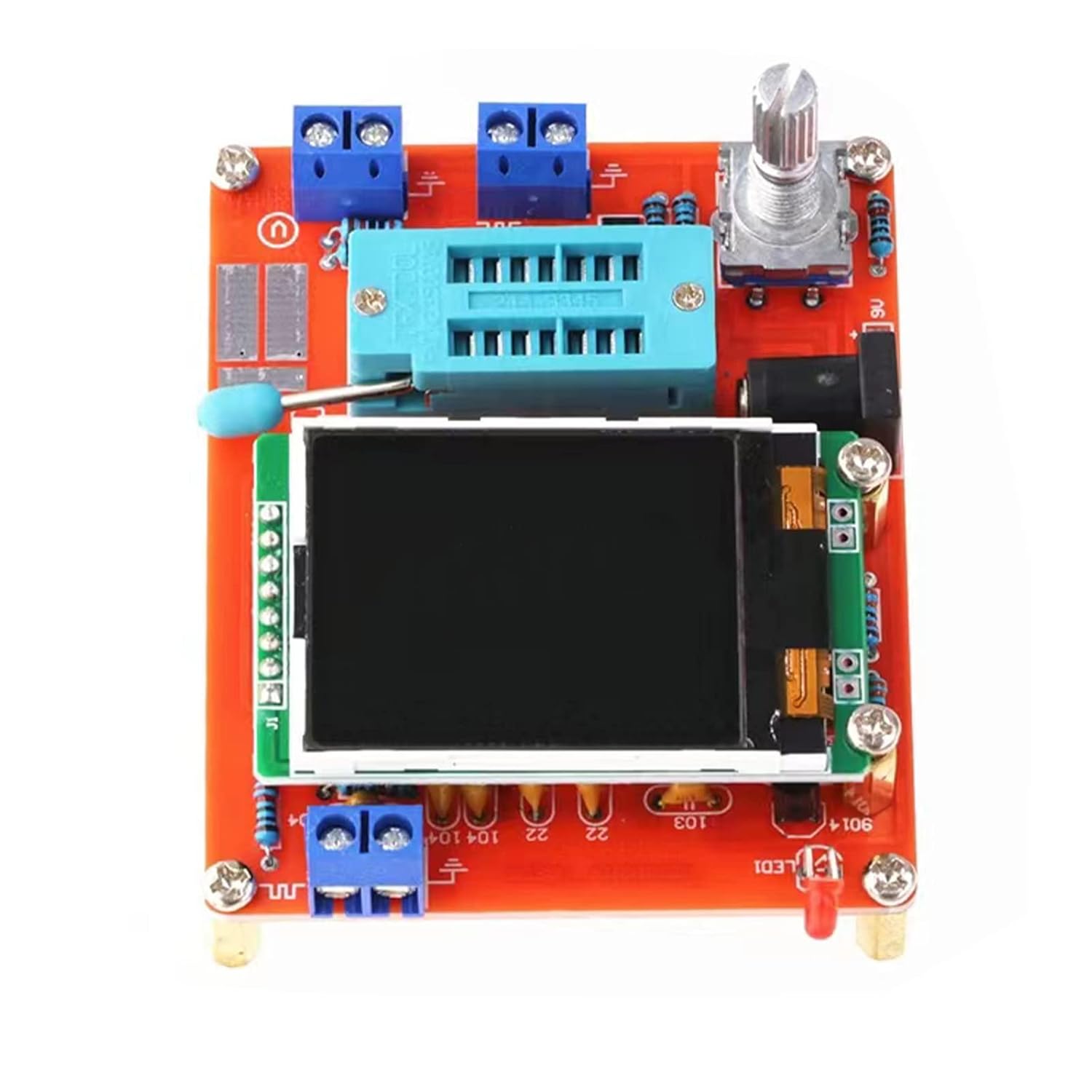 Top-down view of the GM328 tester showing power input options