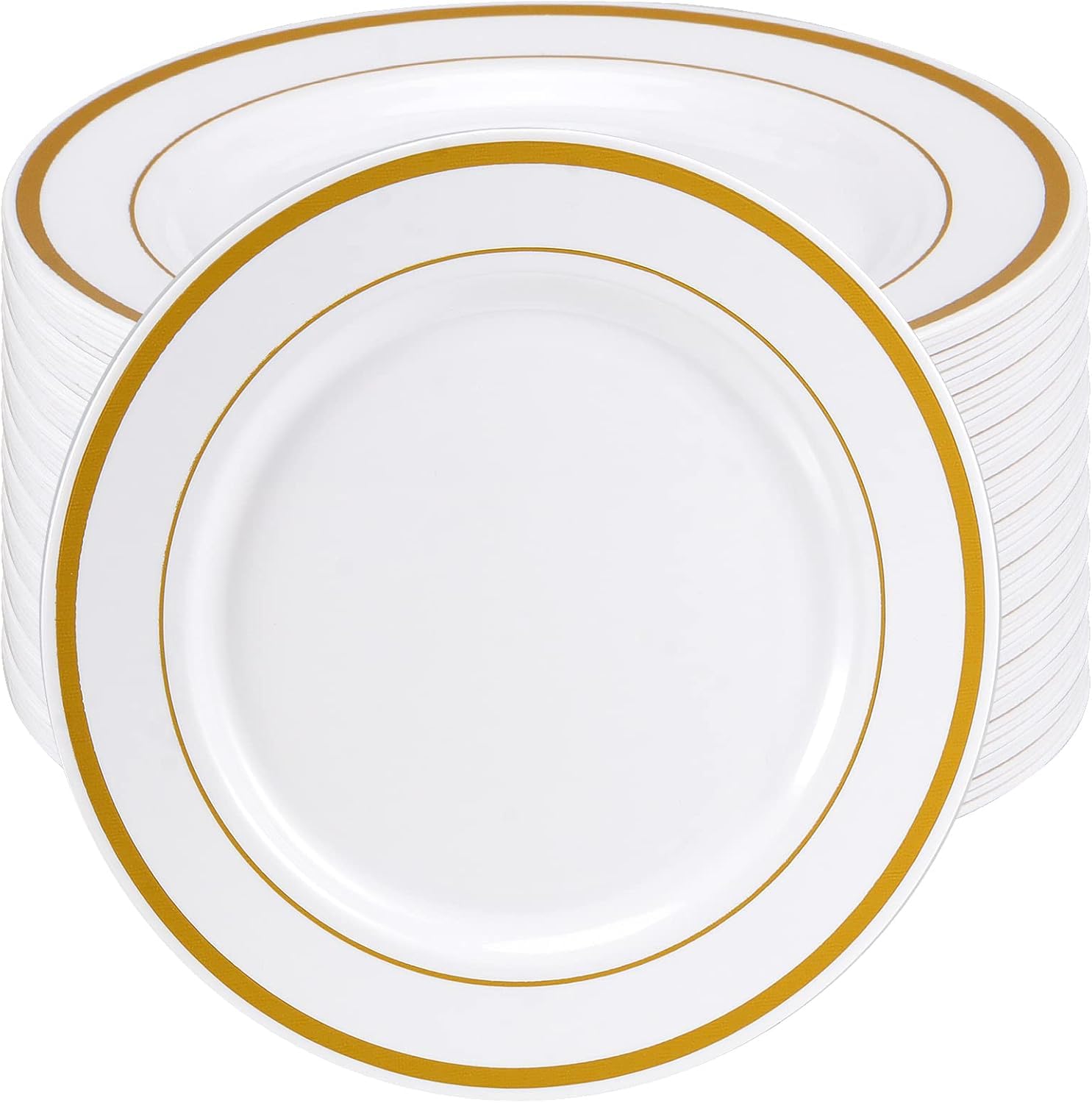 SEUNMUK Lot de 50 assiettes à manger en plastique de qualité supérieure de 18,5 cm avec bord doré, assiettes réutilisables en plastique multi-usage pour dessert, soupe, salade, mariages et fêtes