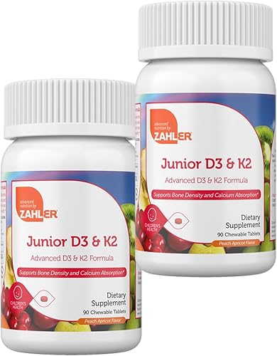 Zahler - Tabletas masticables Junior de vitamina D3 + K2 para niños | Vitamina D para niños de 2000 UI | Deliciosos masticables de vitamina D K2