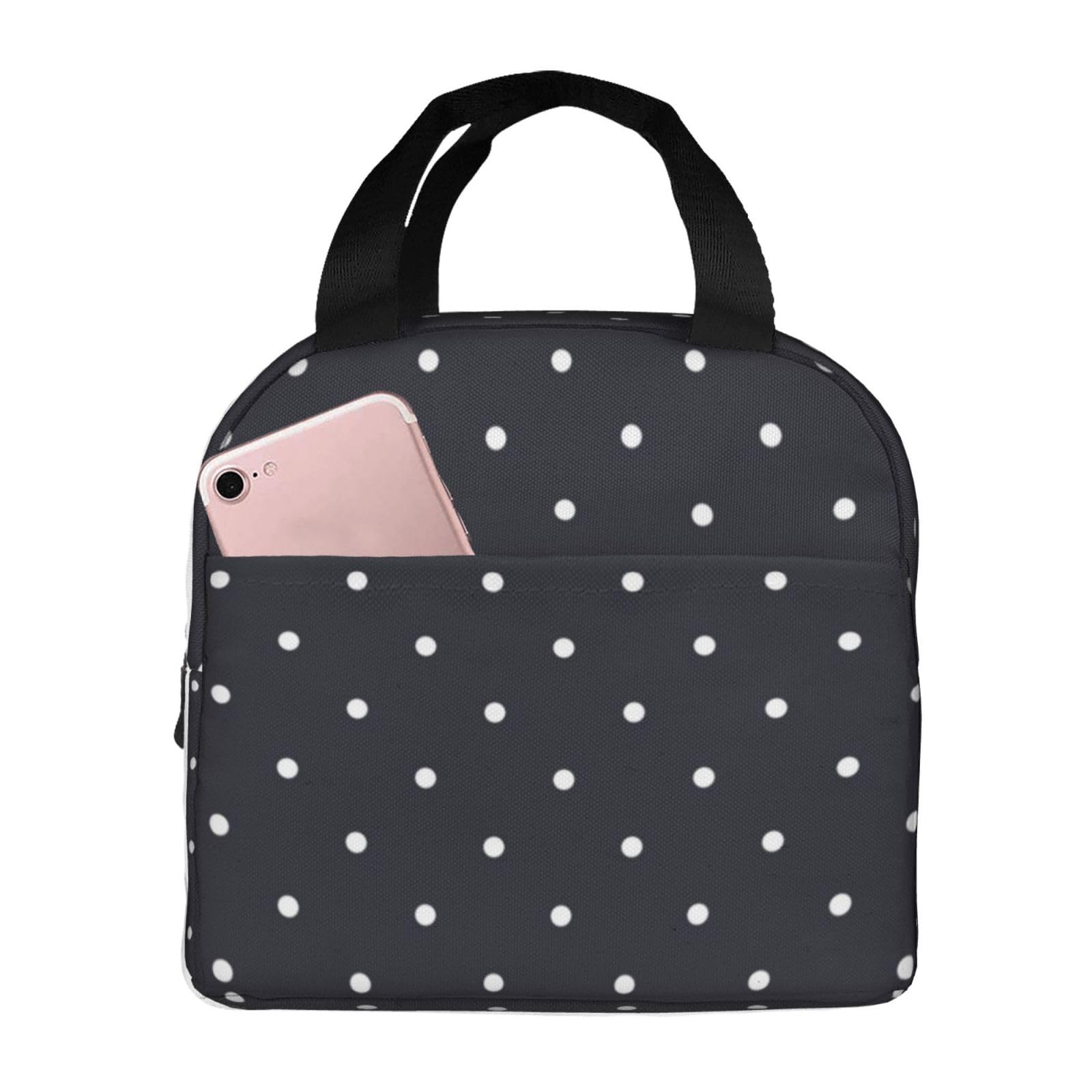 Hulnulnu Black Dots Print Insulated Lunch Bag Reusable Lunch Box Portable Cooler Lunch Tote for Picnic Office Work