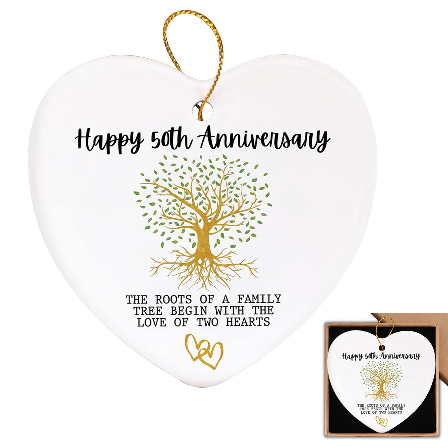 Happy 50th Golden Wedding Anniversary Hanging Gift Hanging Heart Plaque Ceramic Card Ornaments for Married Couple Wife Husband Exquisite Home Decoration for Bedroom Living Room Garden