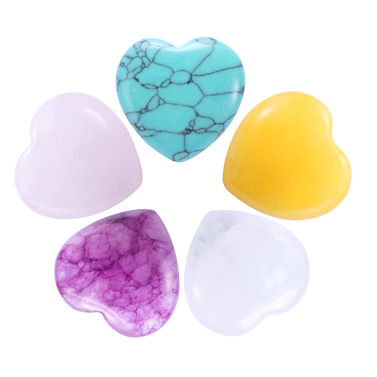 sourcing map 5pcs Heart Shaped Crystal Stones, 20mm Worry Stones Mini Heart Shape Puff Stones for Valentines Day Christmas Meditation, White,Green,Yellow,Pink,Light Purple