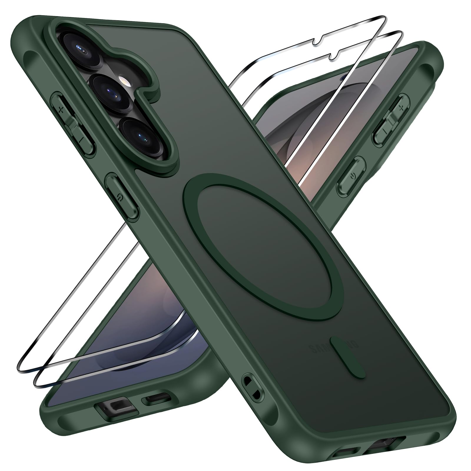 ivoler für Samsung Galaxy S26 Hülle, 1 Magnetisch Handyhülle mit 2 Stück Panzer Schutz Glas, [Kompatibel mit MagSafe] [Militärnorm Sturzschutz] Stoßfest Schutzhülle Silikon Case Matt Dunkelgrün