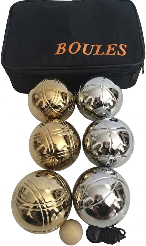 BuyBocceBalls Listing -73mm Metal Set for Petanque, Boules and Bocce - with 6 Gold and Silver Balls, Black Bag, Wood pallino and Measuring Device