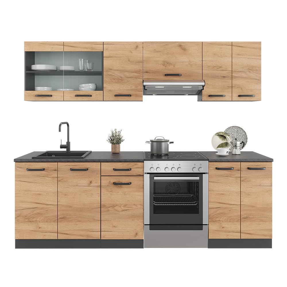 Vicco Mueble de Cocina Raul, Oro Power Roble/Antracita, 240 cm, ET Negro Estampado, combinable de Forma Flexible con Elementos modulares
