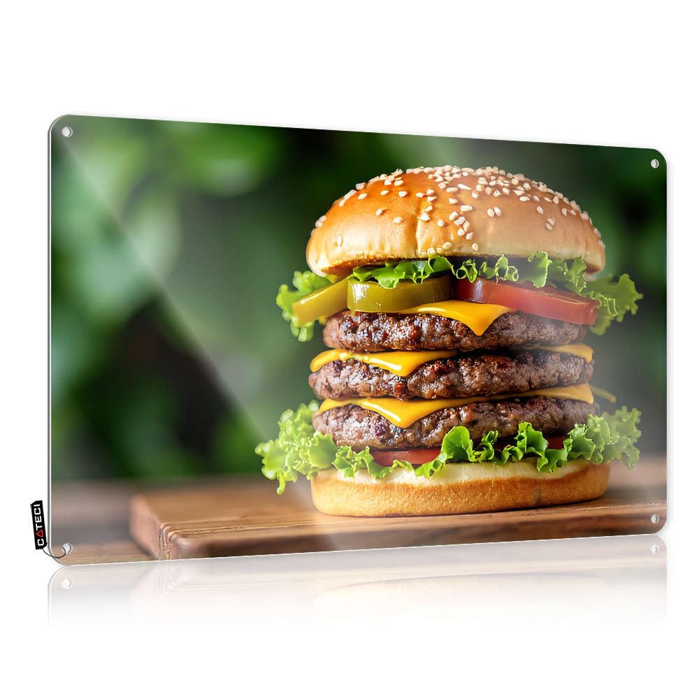 Fzfn Men's Colour A Juicy Triple Cheeseburger With Lettuce, Tomato, Pickles, And Sesame Seeds Teenage Room Decor Rooms Hanging | Clean Tin Metal Decor Nice Vintage Metal Wall Decor(30X40cm)