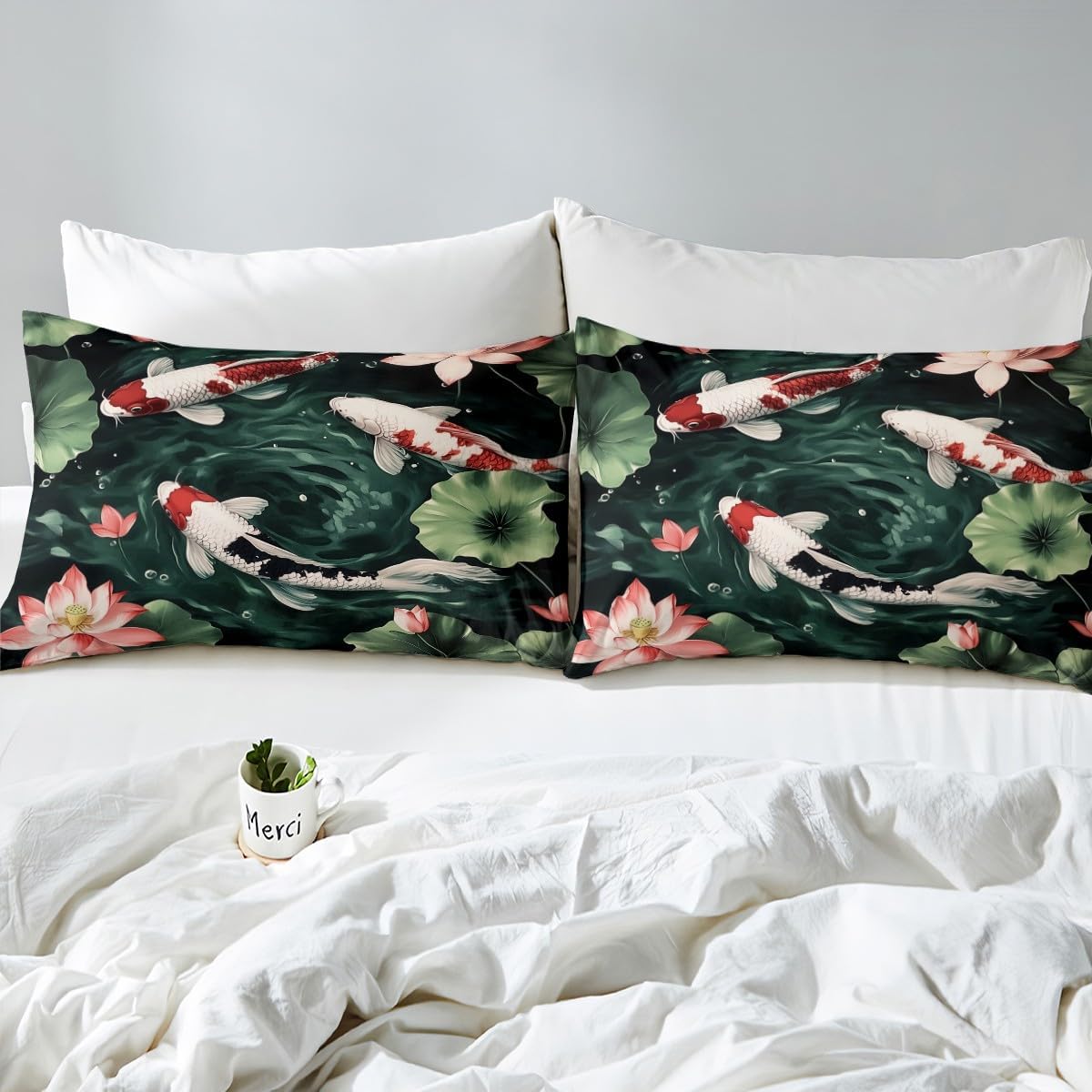Koi Carp Fitted Sheet Queen Size 3D Watercolor Lotus Leaves Bedding Set for Kids Boys Girls Teens Oriental Japanese Bed Sheet Set Fish Marine Life Bed Cover Room Decor,No Top Sheet