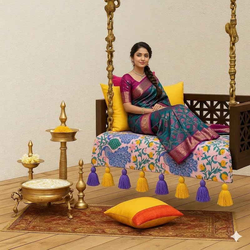 Peacock Bloom Wooden Swing Seat Cover with Tassels|5 Ft Ft Indian Jhoola Bench Cover for Indoor Outdoor Swing|Solid Wood Swing Cover for Courtyard,Verandah,Balcony,Living Room Decor-image-49