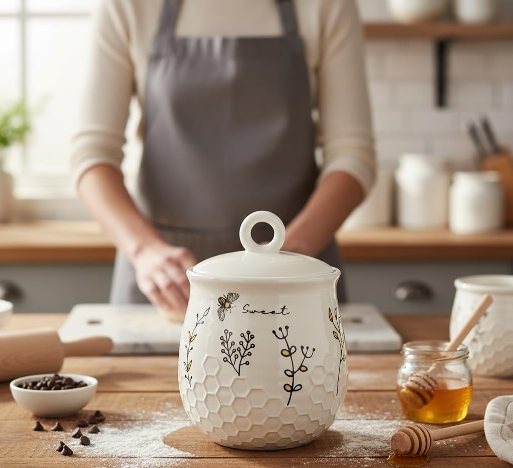 Young's Inc Honey Bee Ceramic Cookie Jar with Lid, Farmhouse Kitchen Storage Canister for Cookies, Treats,Coffee,Tea,Snacks,7.8 Inch Sweet Bee Decor Rustic Kitchen Container