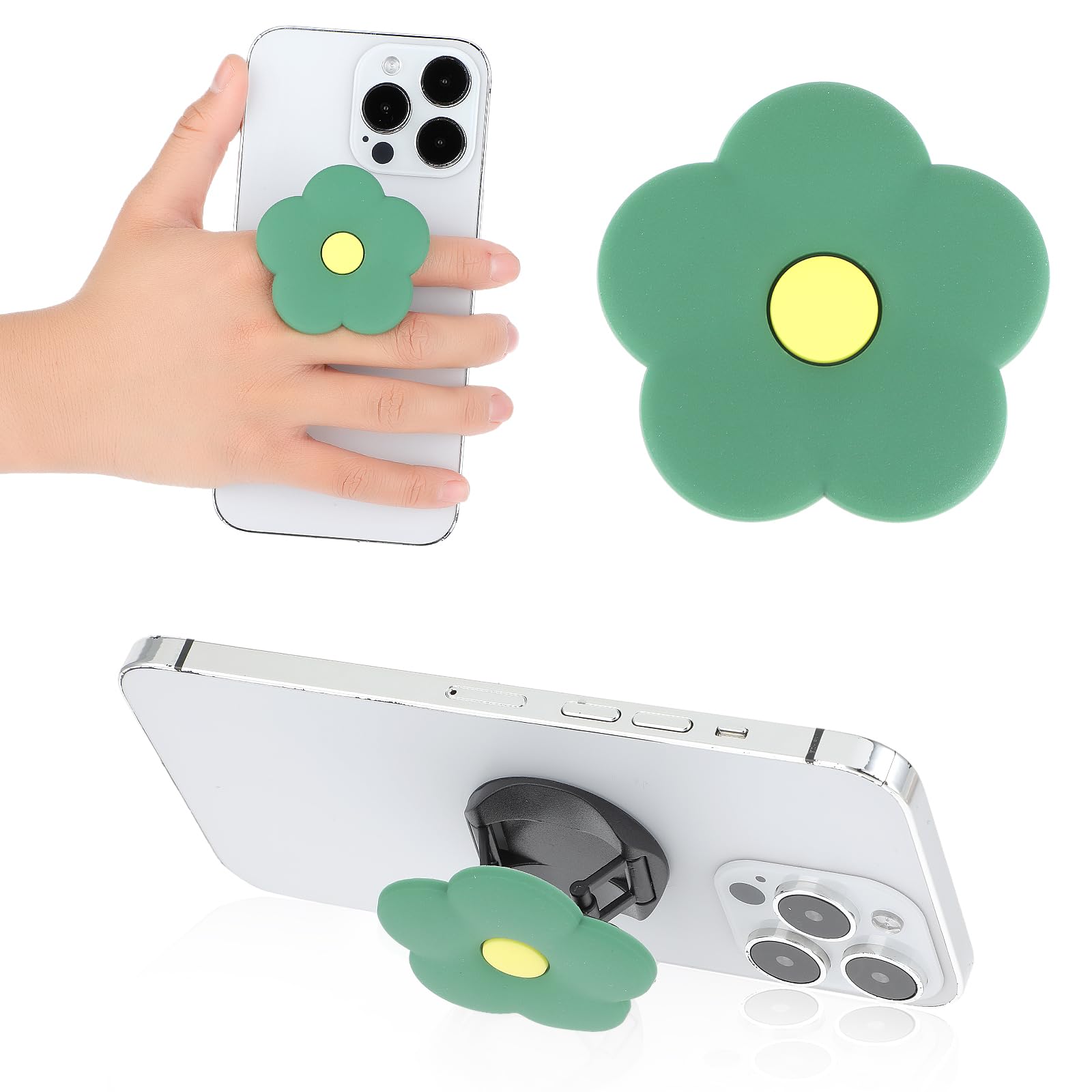 Ouligay Green Daisy Silicone Mobile Phone Grip Stand, Cute 2d Flower Cell Phone Holder, Collapsible Expandable Cell Phone Accessory for Smartphone Tablet Cell Phone Accessory