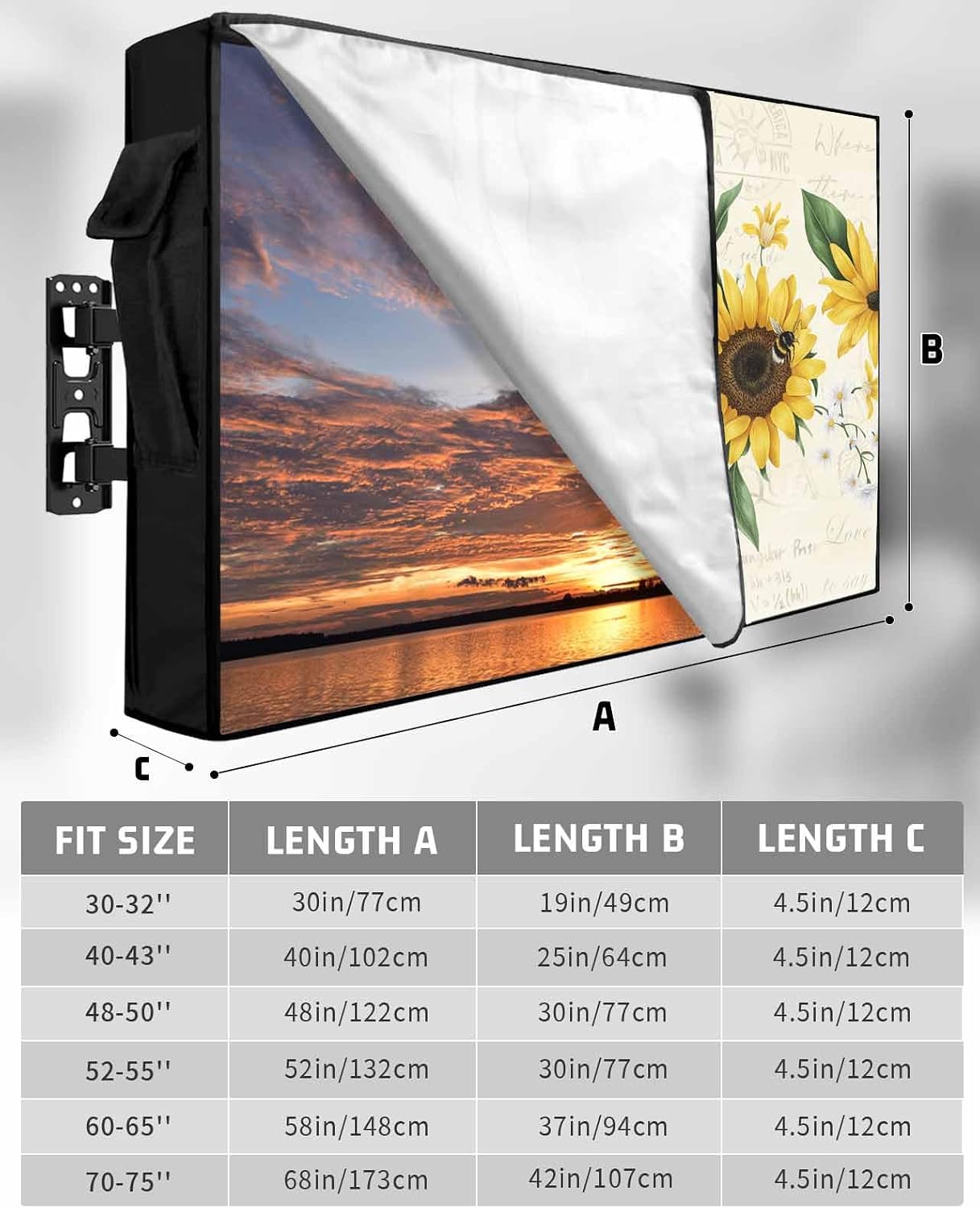 Waterproof Outdoor TV Cover 70 to 75 Inch, Country Sunflower Floral Watercolor Outside Flat Screen Televisions Weatherproof Cover Size 68"L x 42"H, Vintage Letter TV Protector With Zipper