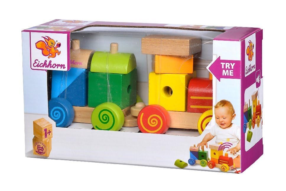 Eichhorn 100003453 Lok mit Sound, Anhänger mit Bausteinen, 17cm lang, Birke und Kiefernholz, WB, Try me,1J+, bunt