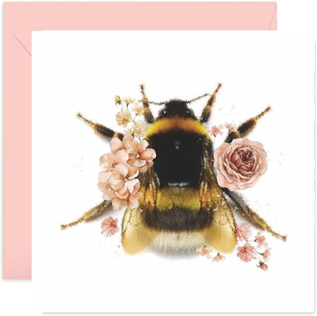Old English Co. Wildlife Card - Square Bumble Bee Botanical Floral Birthday Card | Suitable for Friends and Family | Blank Inside & Envelope Included
