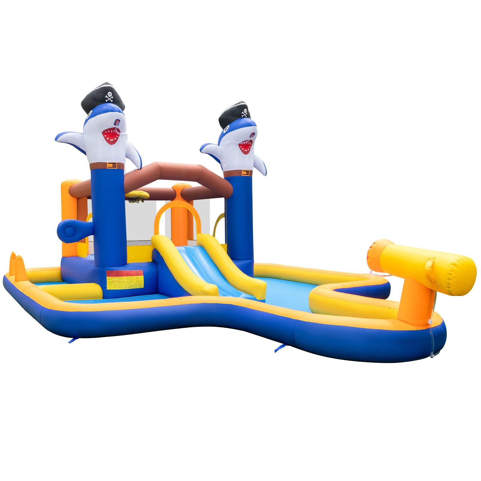 LIFEZEAL Parque Acuático, Castillo Hinchable para 2 Niños de 3-10 Años, con Tobogán, Piscina, Trampolín, Canasta, Forma de Tiburón, Interior y Exterior, 578x408x159 cm (sin soplador)