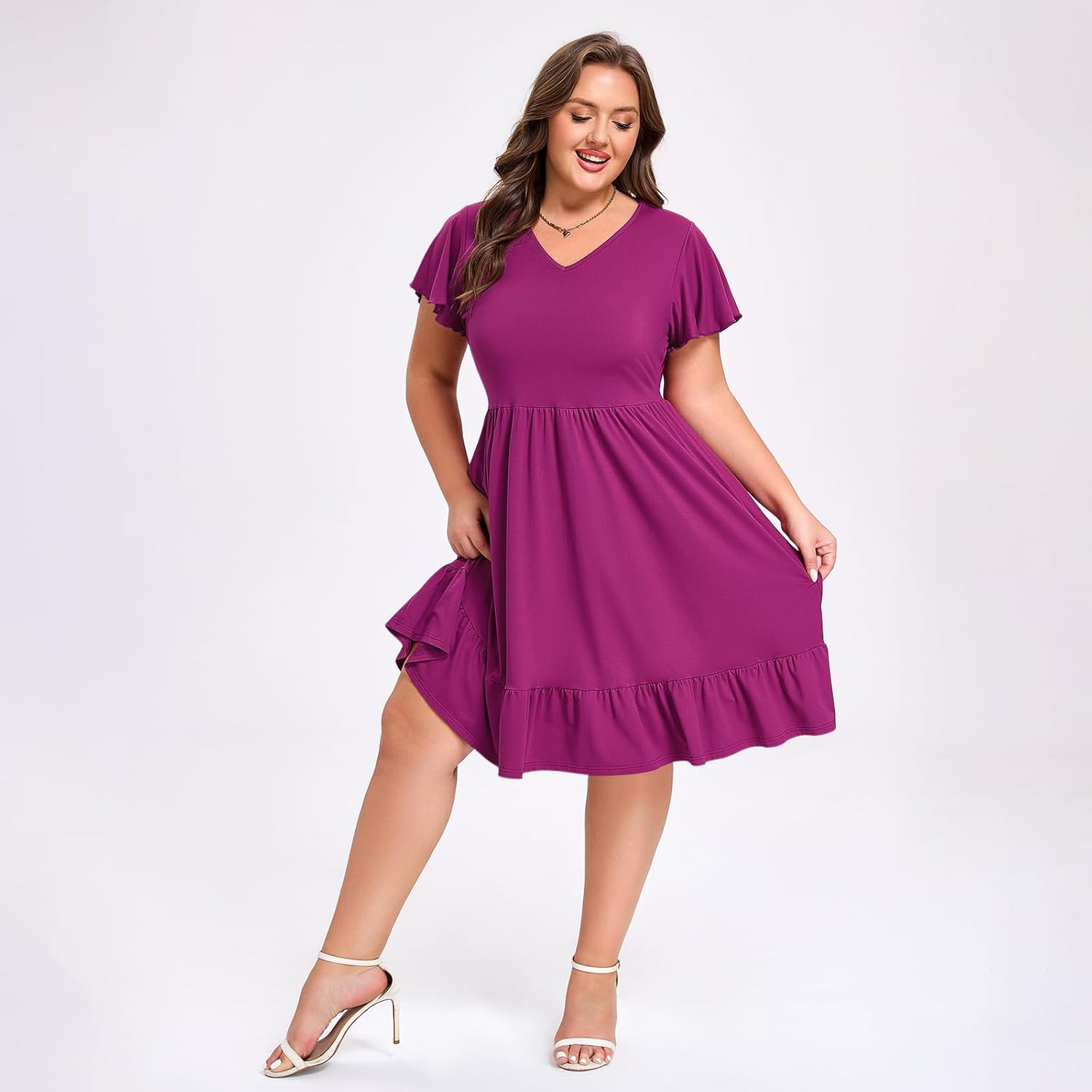 Women's Plus Size Casual Dress V Neck Ruffle Floral Short Sleeve Summer Midi Dresses with Pockets - Image 6