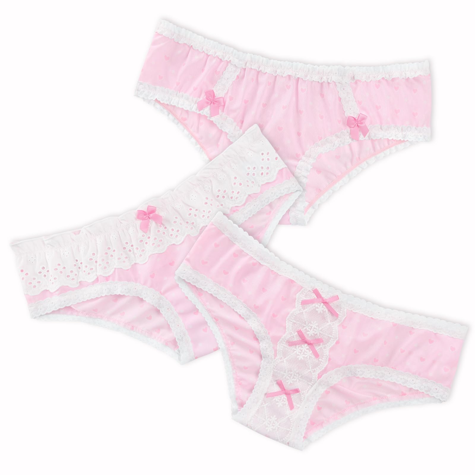 Littleforbig Women's Ladies Soft Mesh Lacy Underwear Comfortable Hipster Briefs Babydoll Pink Princess 3 Pack Panties Set