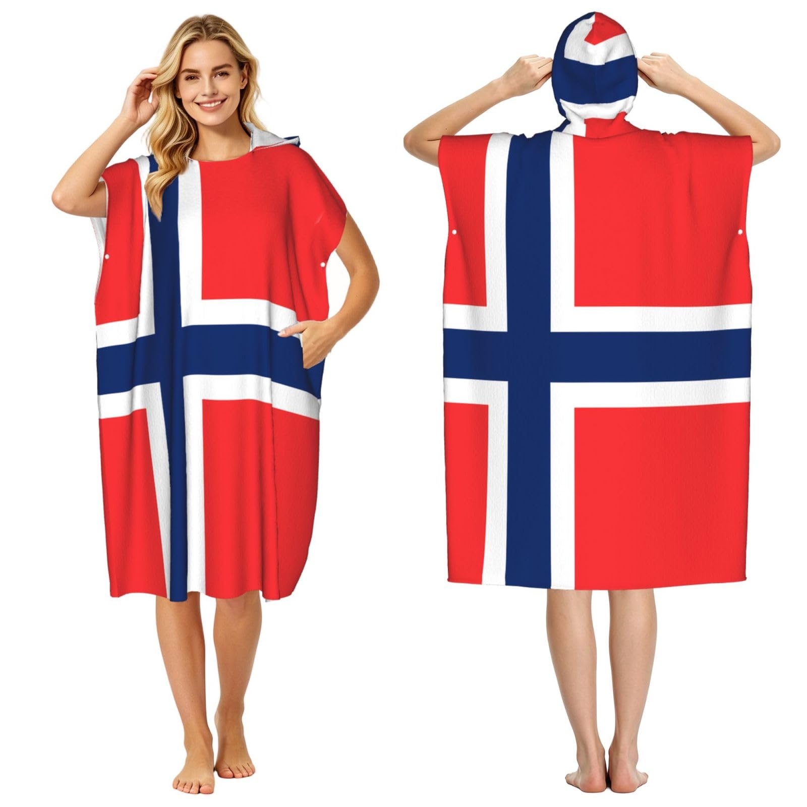 Zaixiansj 110cm Norwegian flag Print Adult Changing Robe Hooded Towel Poncho Surf Swim Beach Cover Up with Pockets