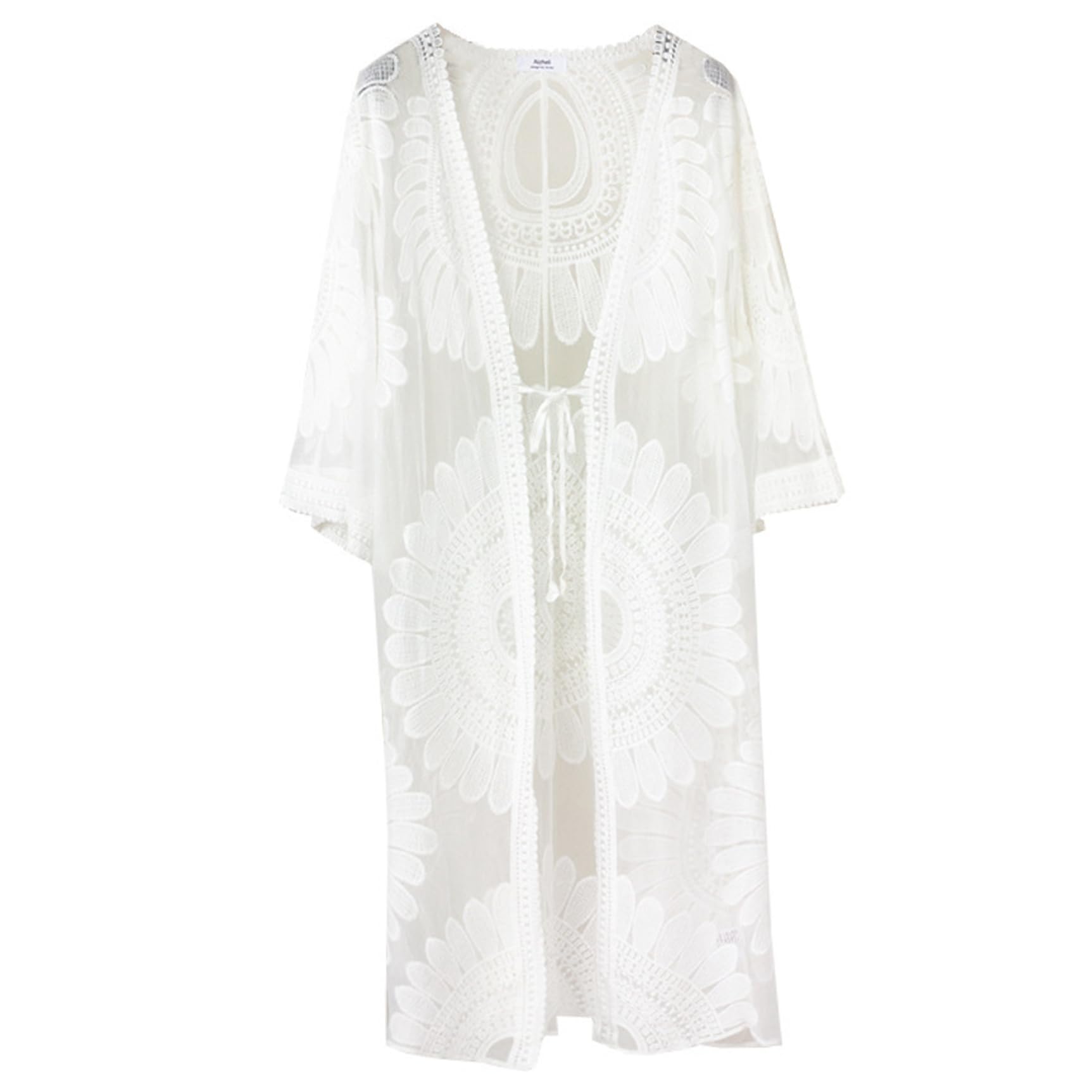 Ameble Unisex White Women Lace Kimono Swim Cover Up With Sunflower Embroidery, Lightweight Beach Coverup For Swimsuit, Flowy Summer Cardigan, Beach Vacation,