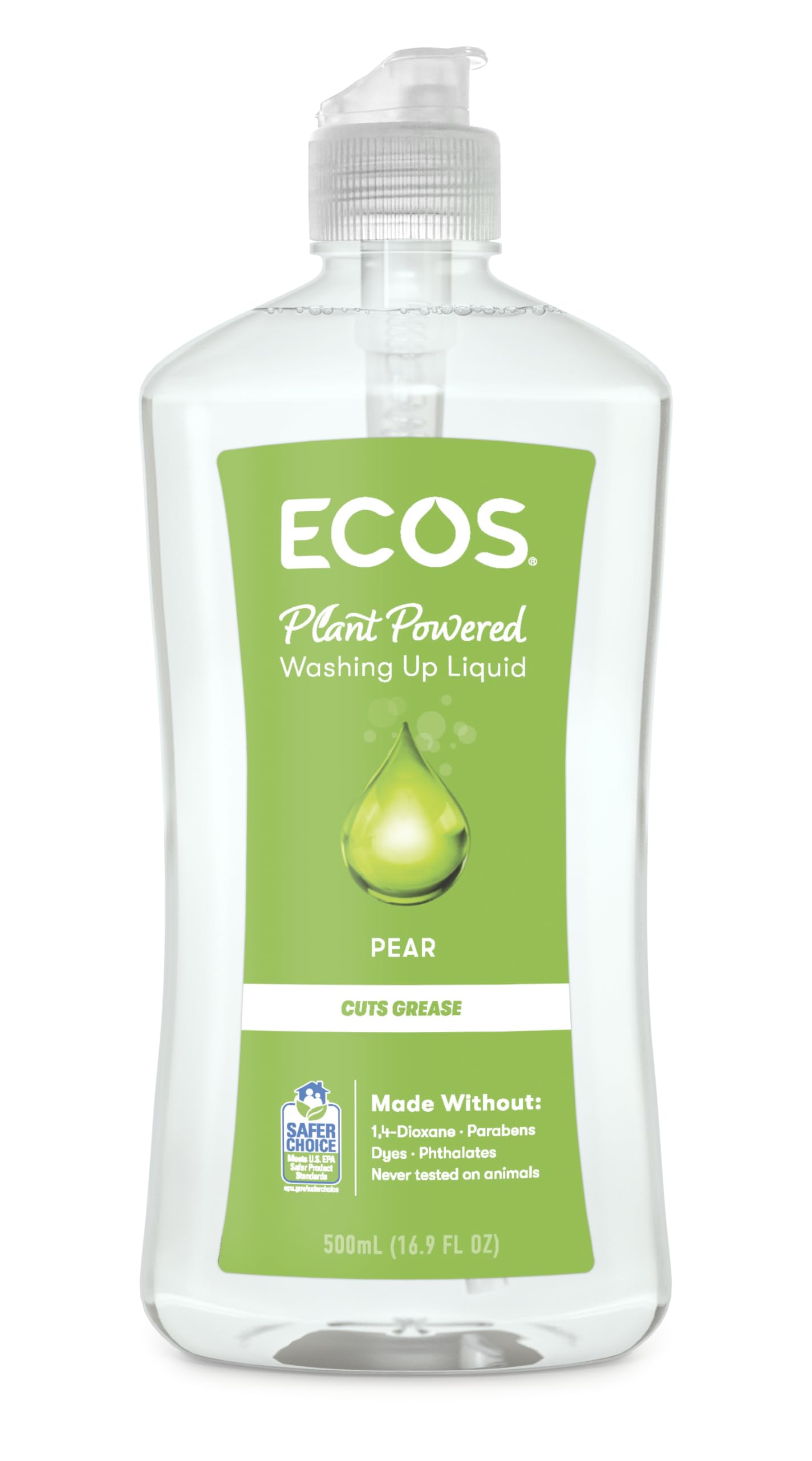 ECOS Washing Up Liquid - Plant Powered Dish Soap, Dishwashing Liquid Tough on Grease & Food Residue, Hypoallergenic & Vegan, Gentle on Hands, Pear 500ml