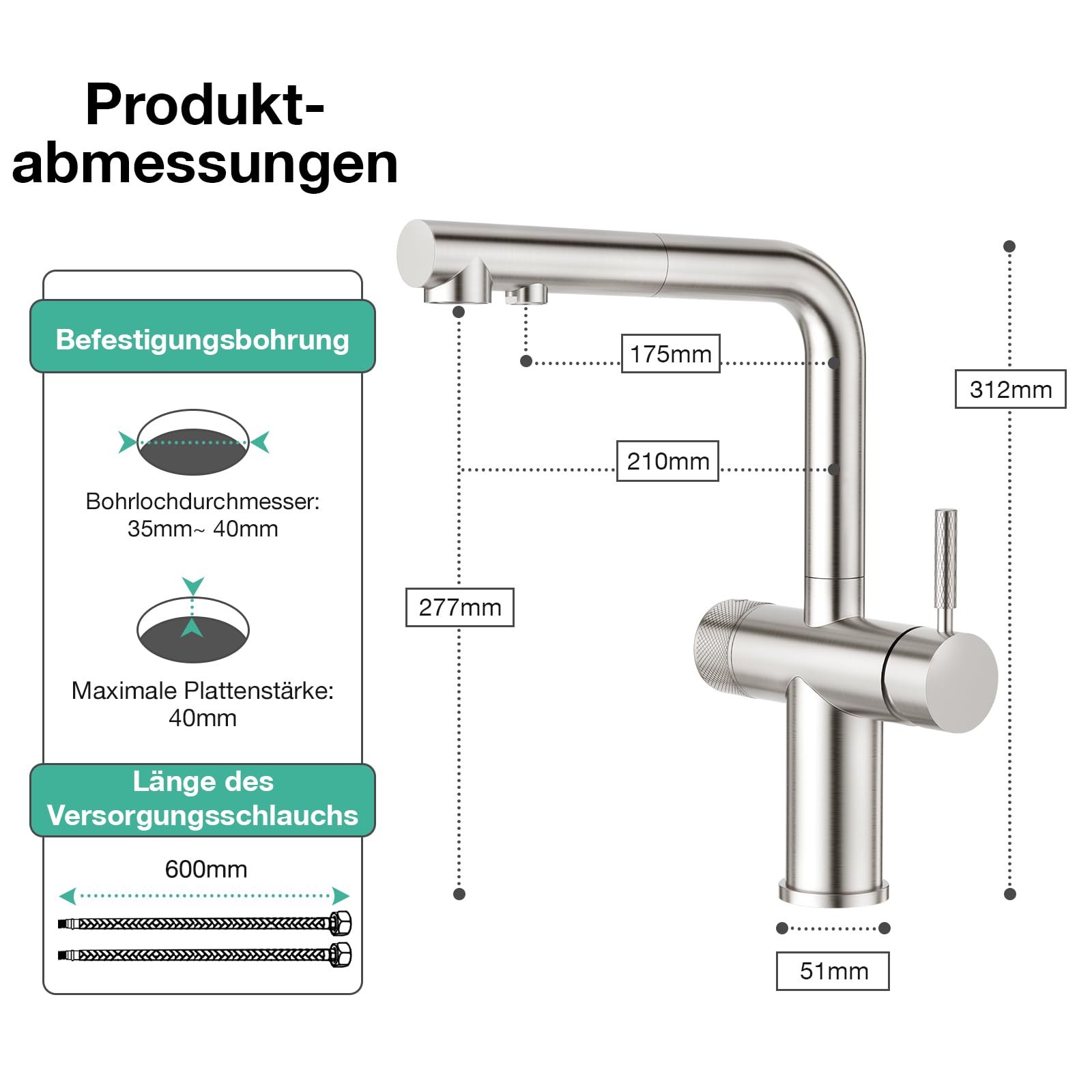 Faustina 3 Wege Küchenarmatur mit Brause ausziehbar, Doppelhebel Armatur Wasserhahn Spültischarmatur Trinkwasserhahn Küche für Osmoseanlage Umkehrosmose und Wasserfilter gebürstet