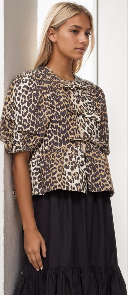 Top da donna con stampa leopardata a maniche a sbuffo carino camicie estive cravatta frontale cardigan camicetta Y2k Babydoll peplo top