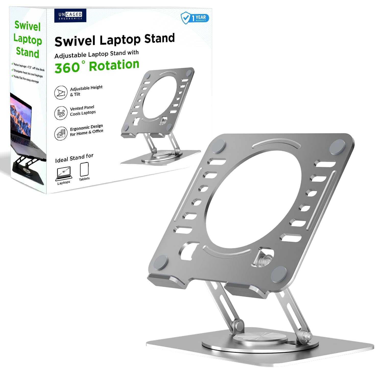Uncaged Ergonomics Swivel Laptop Stand for Desk Adjustable Computer iPad Stand for Desk w 360 Rotation Portable Laptop