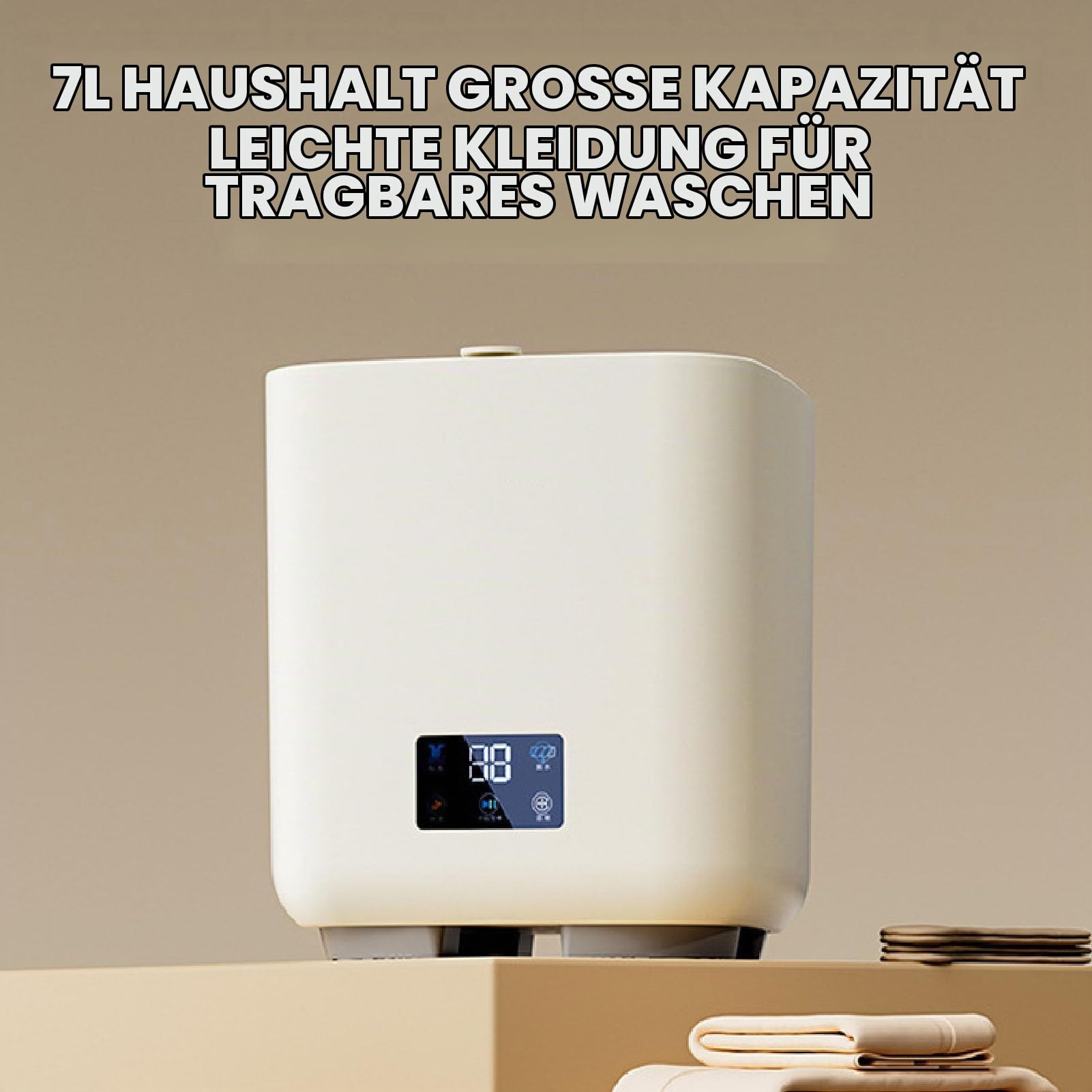 Tragbare Mini-Waschmaschine, 7L Große Kapazität Vollautomatisch Mit Wäscheschleuder, LCD-Touchscreen für Kleine Unterwäsche (Beige)