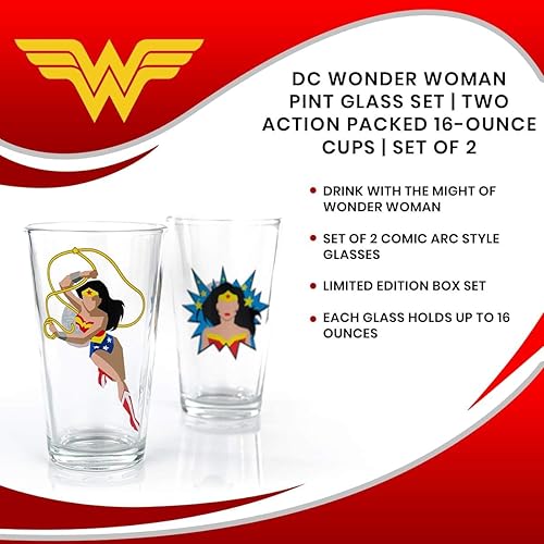 Miniatura 6 de DC Wonder Woman - Juego de vasos de pinta | Dos vasos de estilo cómico lleno de acción | Juego de 2 vasos de edición limitada de 16 onzas