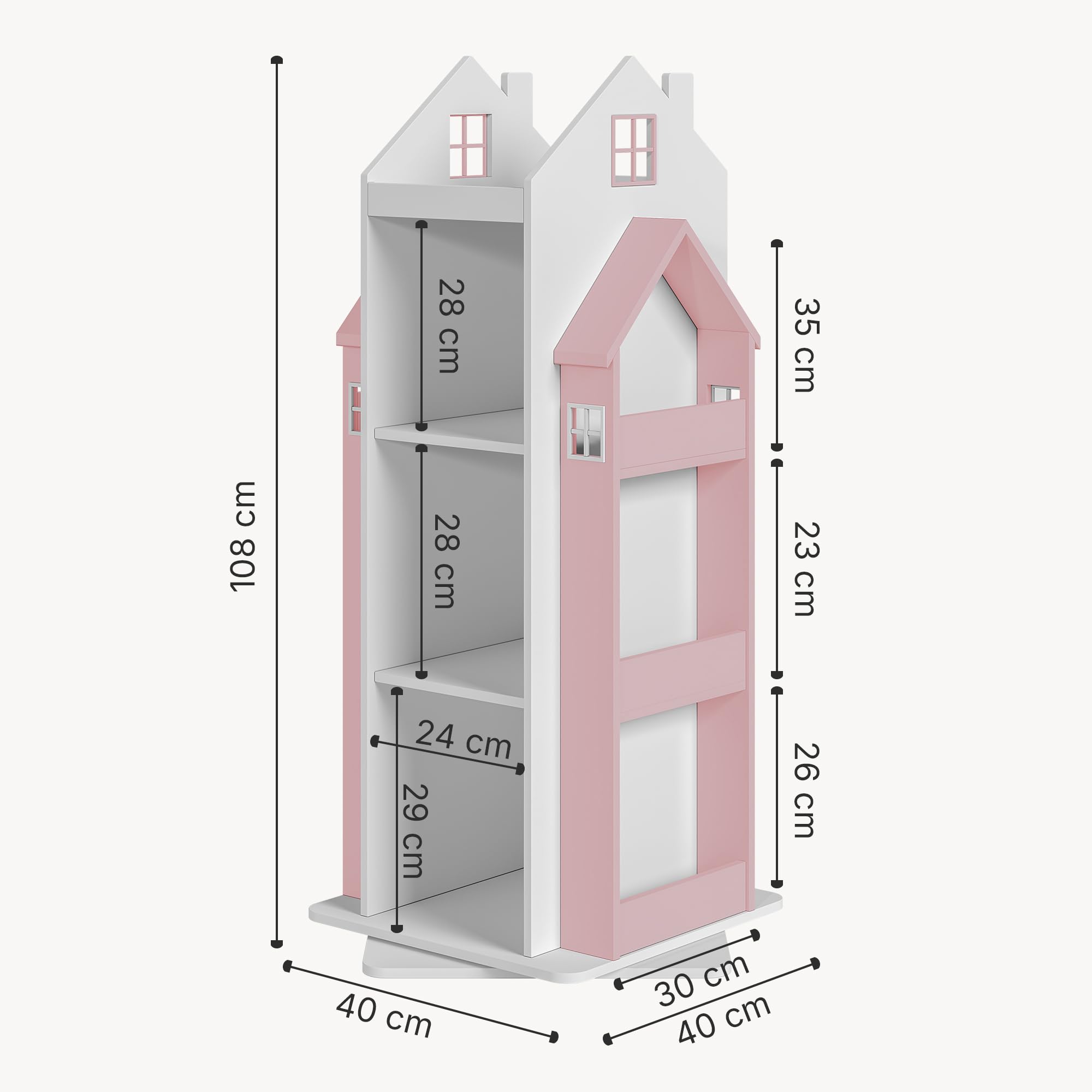 [en.casa] Scaffale Girevole per Cameretta a Forma di Casetta Libreria Rotante per Bambini con Ripiani e Porta Libri Laterali 108x40x40 cm Rosa/Bianco