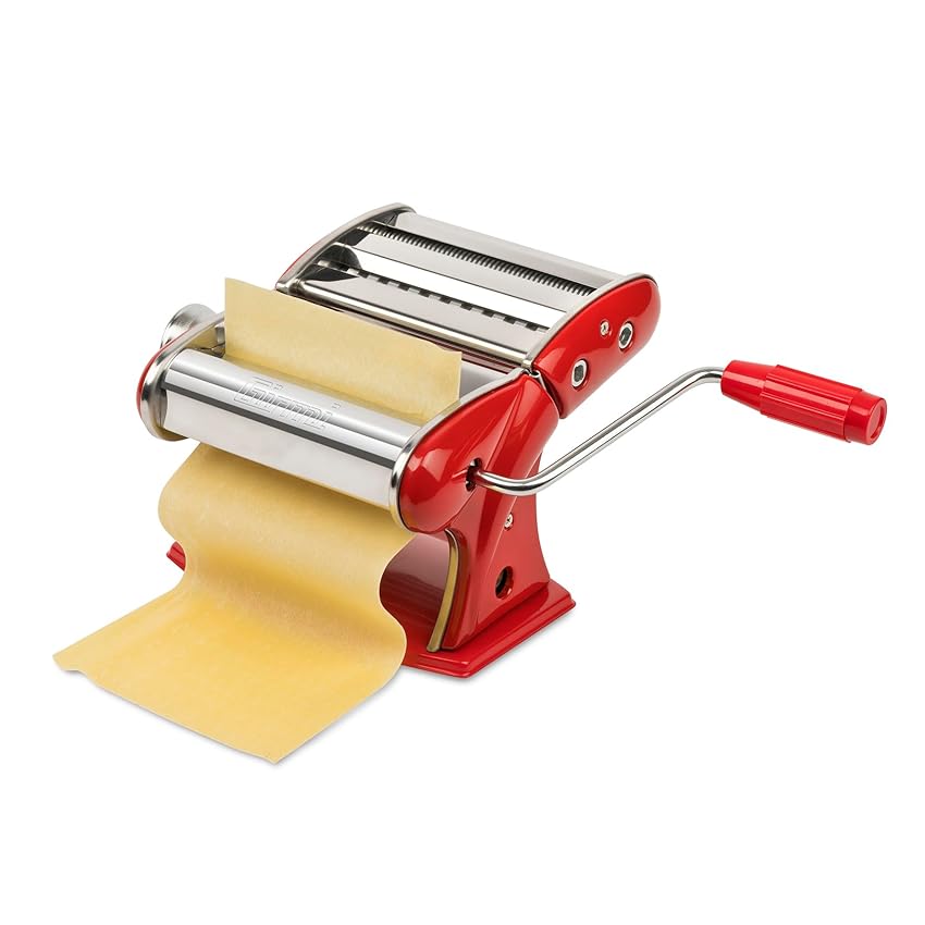 Girmi IM92 Macchina per la pasta, Corpo INOX, 7 Livelli di Spessore, 3 Formati Pasta, Rulli in Alluminio, Rosso