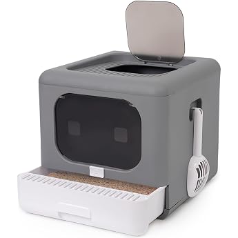 HOMCENT Cat Litter Tray with Lid Foldable Closed Cat Litter Tray with Lid Top Cat Litter Scoop Drawer 40 x 44 x 40 cm Grey