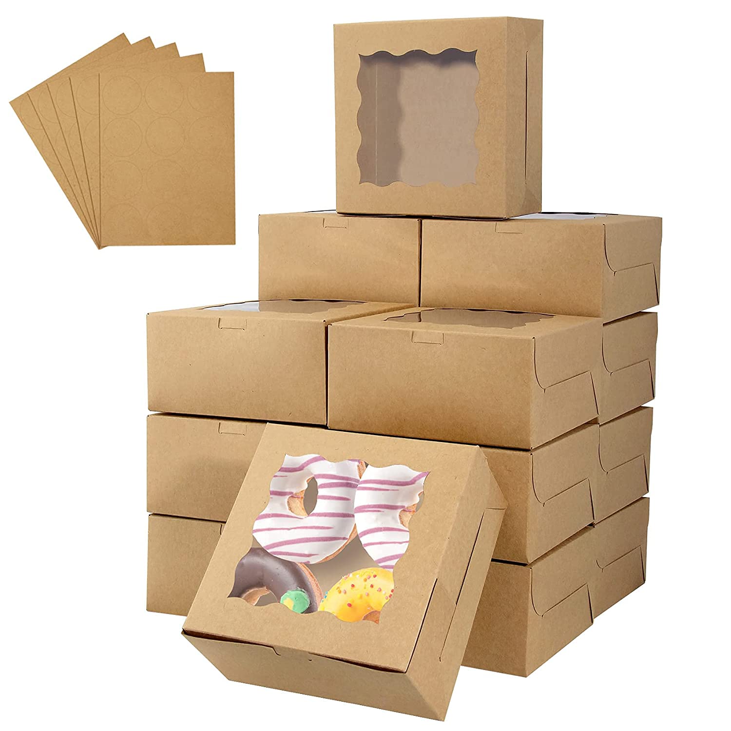 BIG BOXBROWNIE BOX 20 KRAFT 6X6X2 Bakery Boxes with Window, Large Cookie Boxes, Auto-Popup Treat Boxes for Pies, Muffins, Donuts and Pastries (Brown)