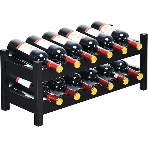 COSTWAY Wine Rack, Bamboo 12 Bottles 2-Tier Wine Display Rack for Countertop Home Kitchen Pantry, Free Standing Wine Storage, Rack Tabletop Wine Rack (Brown)